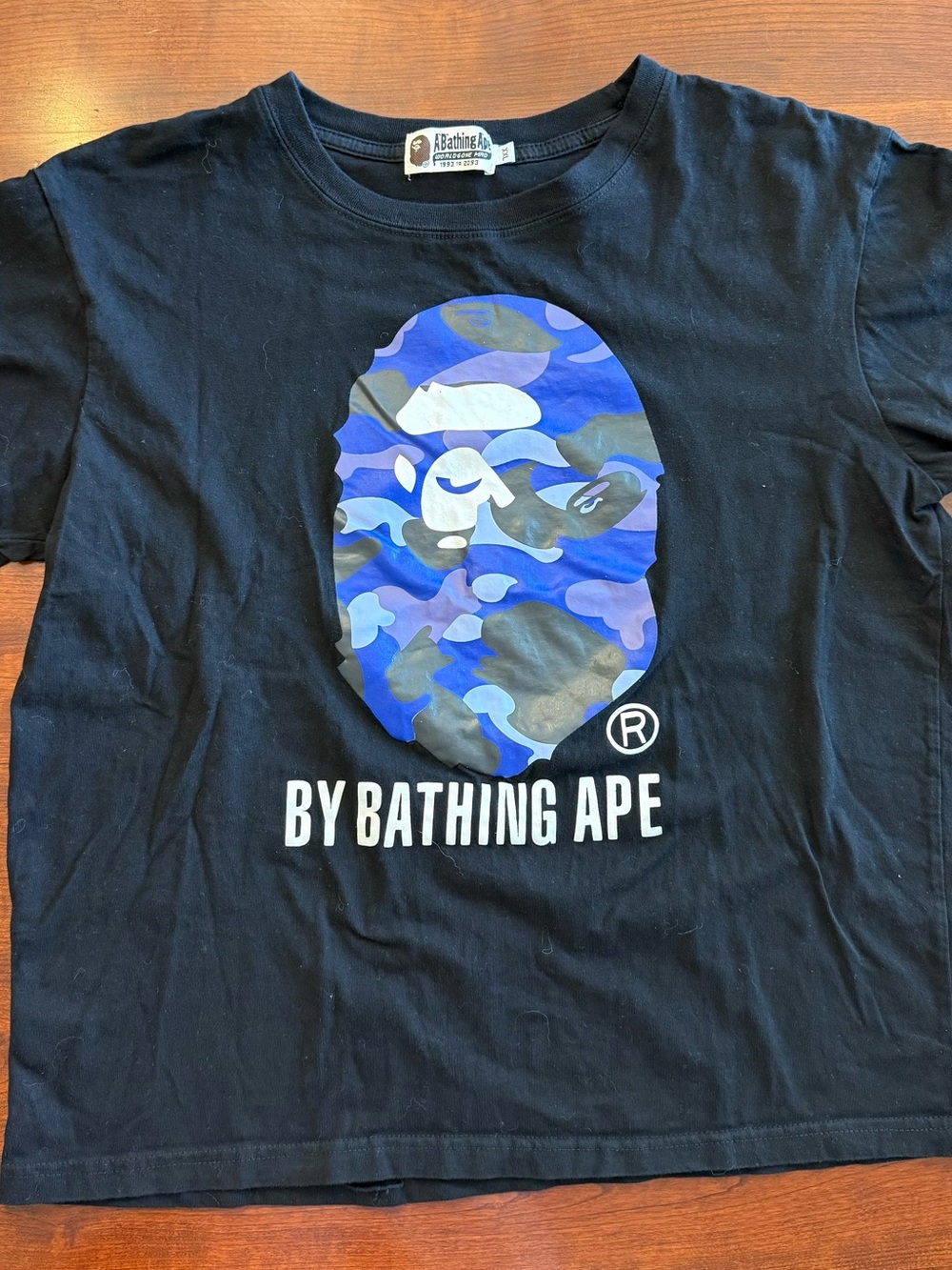 A Bathing Ape By Bathing Ape Black Tee With Blue Camo Ape Logo